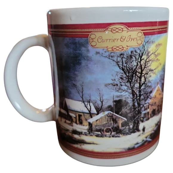 Vtg 97 Currier & Ives HF Coffee Tea Mug Cup Winter Country Cold Morning - Picture 2 of 6